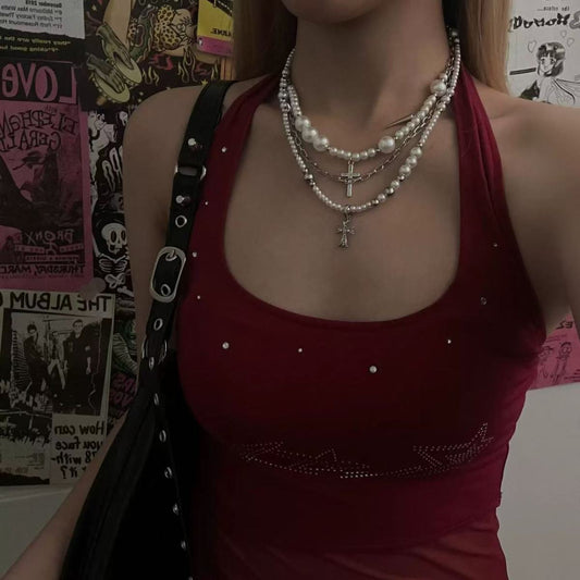 Cross Stacked Pearl Necklace Long Layered Alloy Clavicle Chain Jewelry