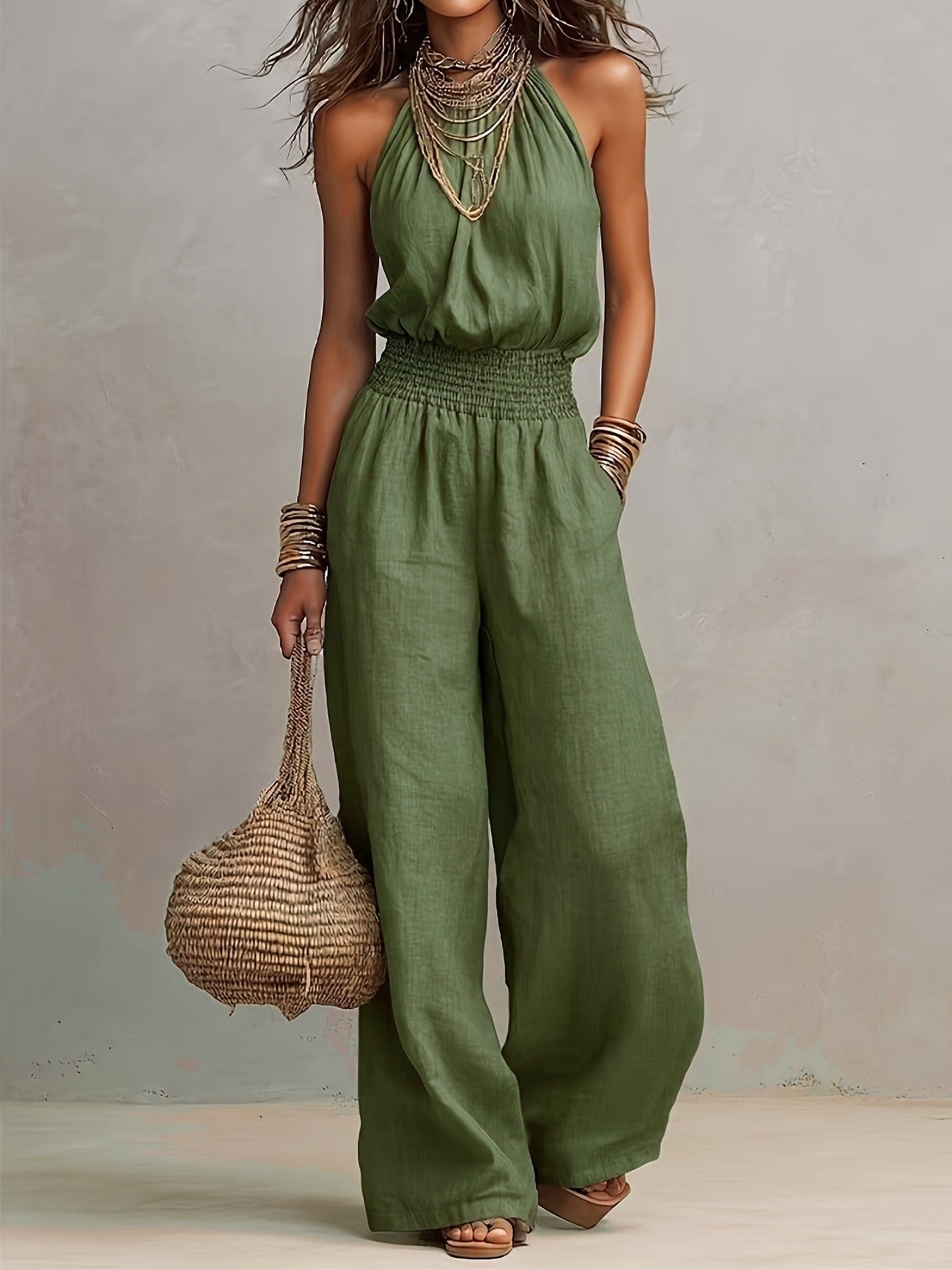 Linen European-style dress with backless one-piece pants