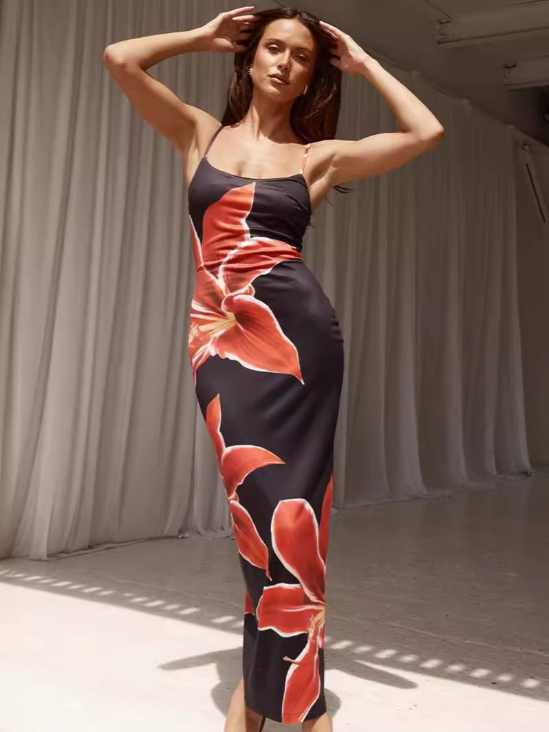 Floral Print Suspender Slit Dress Drip Depot
