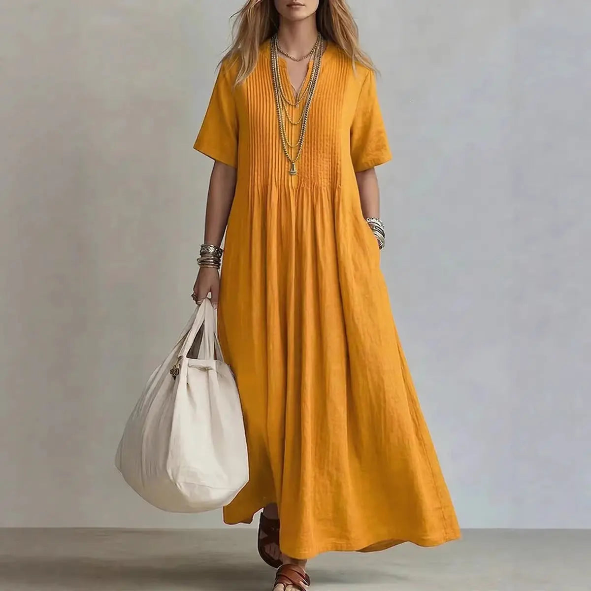 Women's V-Neck Pleated Cotton Linen Dress Drip Depot
