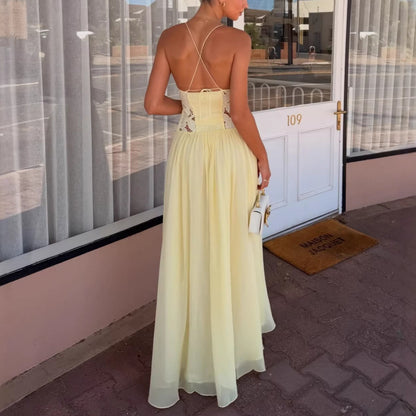 Cream Floral Lace Cross Back Long Dress