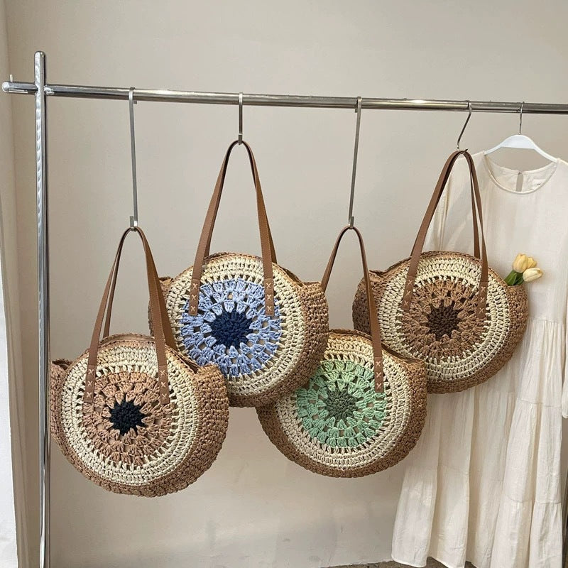 Round Woven Straw Tote Bag