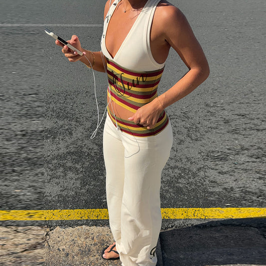 Striped Crop Top and Flared Pants Set