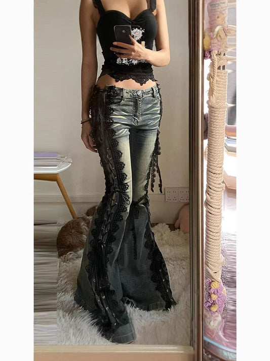 Flared Denim Pants with Lace