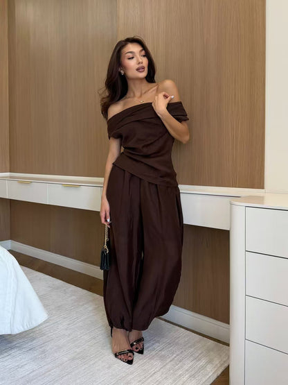Womens Off-Shoulder Top and Lantern Pants Set Drip Depot