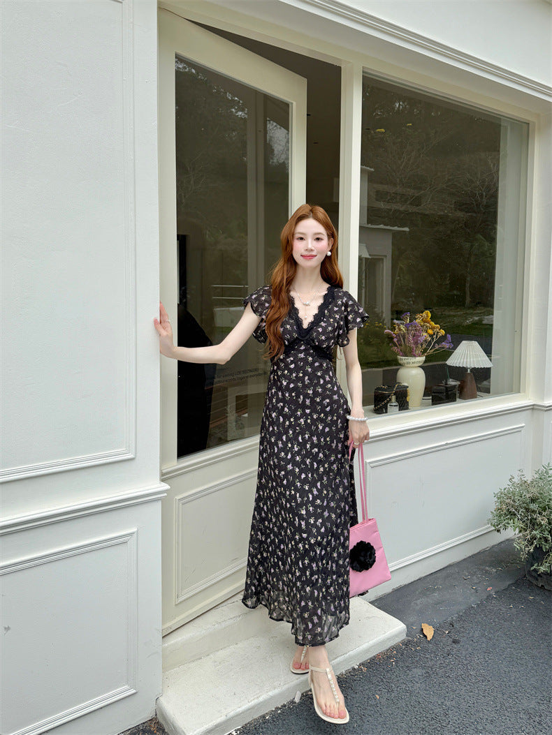 Floral Print Lace Neckline Flutter Sleeve Dress