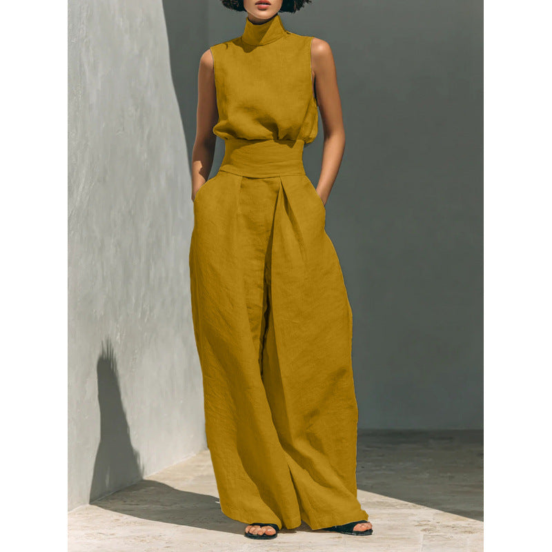 Cotton and Linen Sleeveless Long Pants Casual Set for Women