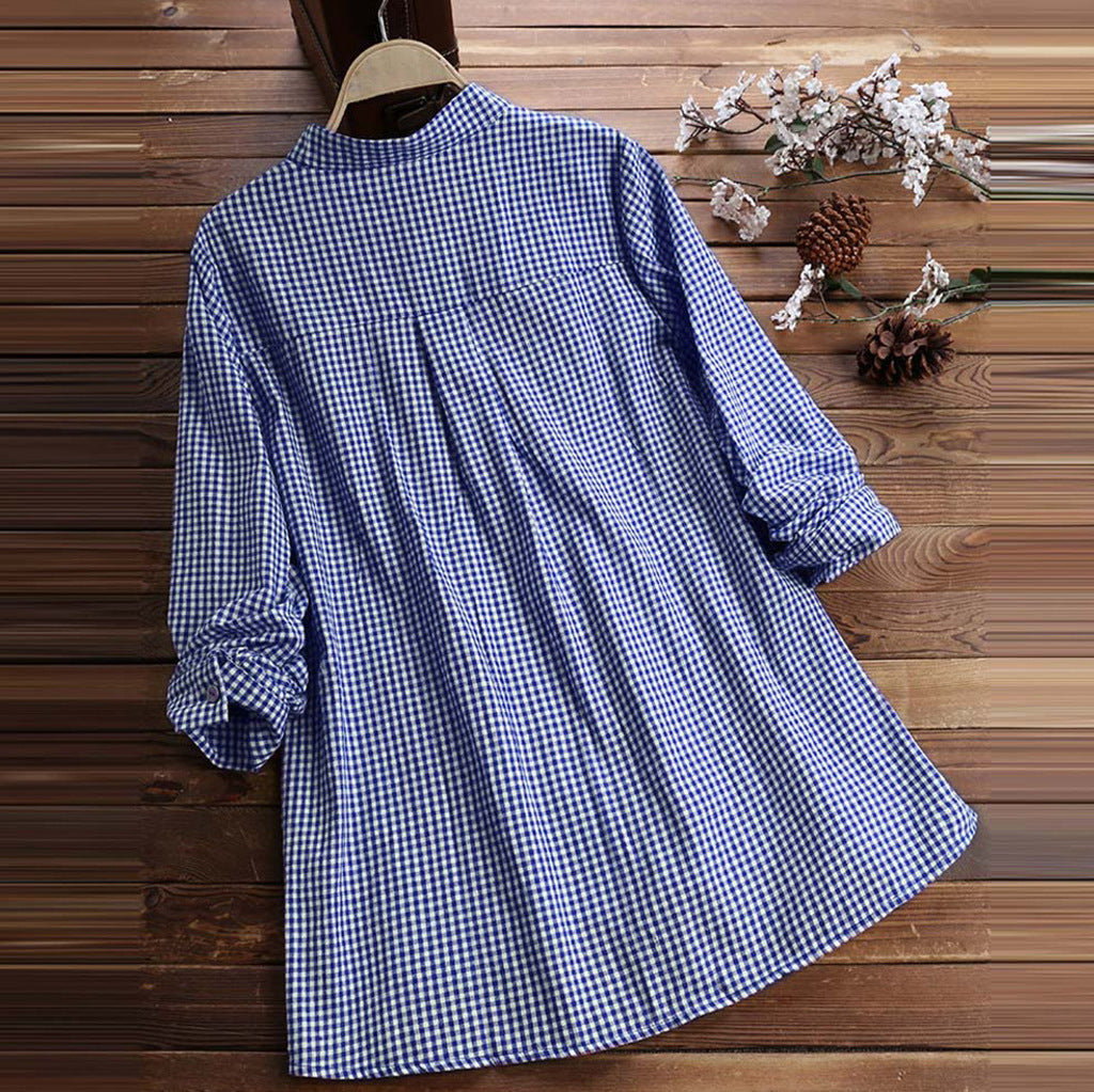 Plaid Stand Collar Pullover Shirt Long Sleeve  Top