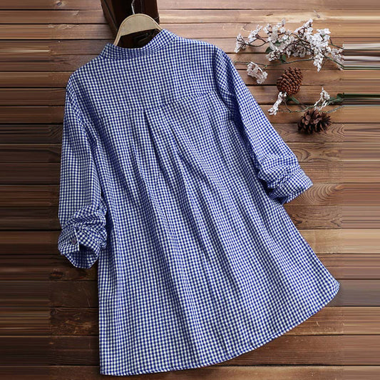 Plaid Stand Collar Pullover Shirt Long Sleeve  Top