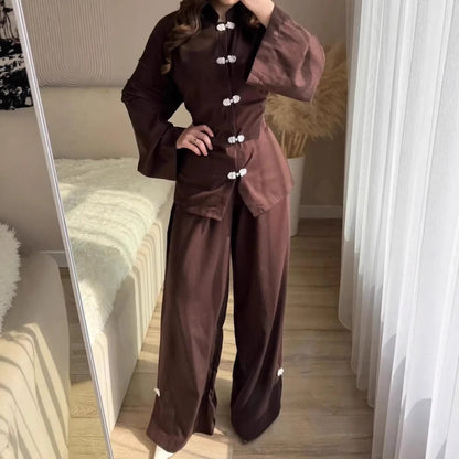 Retro Slim-Fit Long Sleeve Lapel Wide-Leg Pants Set