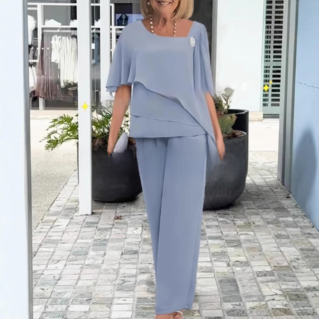 Chiffon Beaded Wide-Leg Pants