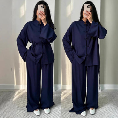 Retro Slim-Fit Long Sleeve Lapel Wide-Leg Pants Set