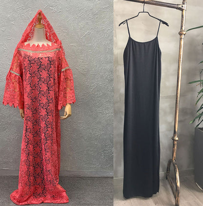 African Lace Loose Plus Size Gown Dress Trumpet Sleeve Fashion Dress with Turban