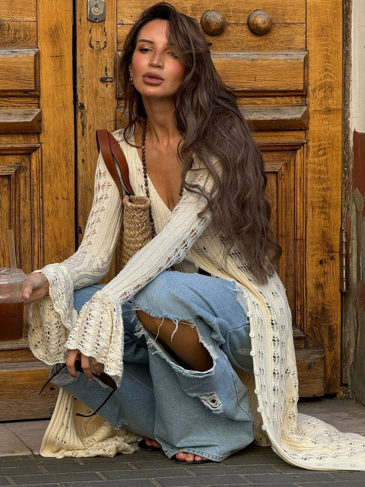 Long Knitted Cardigan with Crochet Detail