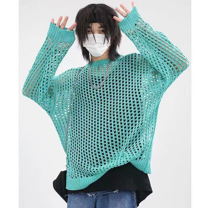 Hollow Loose Knitwear Mesh Round Neck Tops