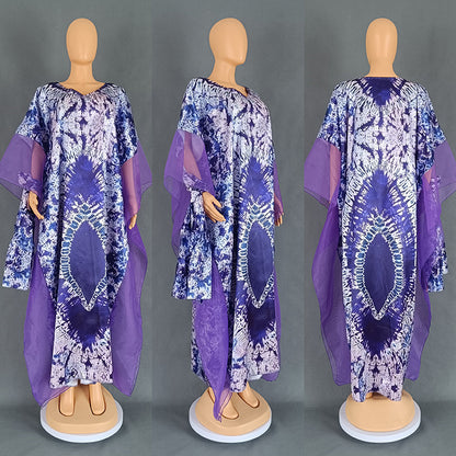 African Ethnic Print Mesh Long Dress with Headscarf