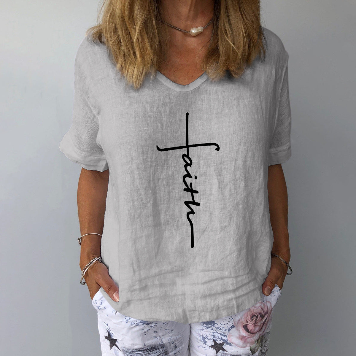 Short Sleeve Printed Cotton Linen Shirt