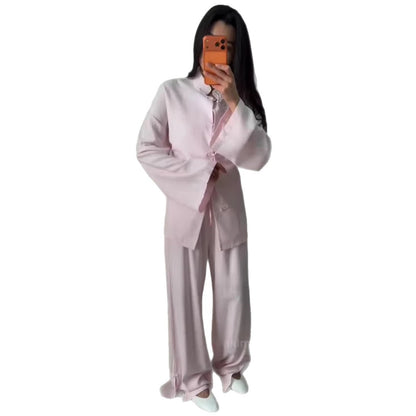 Retro Slim-Fit Long Sleeve Lapel Wide-Leg Pants Set