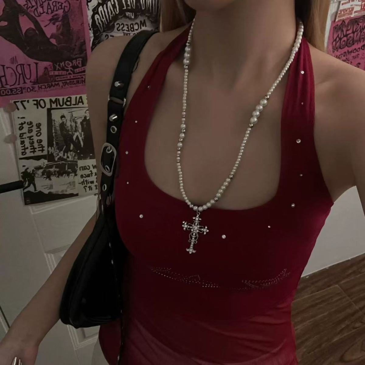 Cross Stacked Pearl Necklace  Long Layered Alloy Clavicle Chain Jewelry