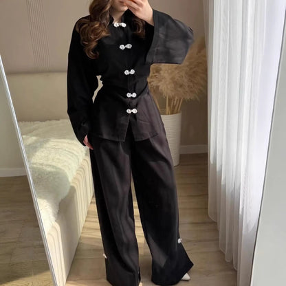Retro Slim-Fit Long Sleeve Lapel Wide-Leg Pants Set