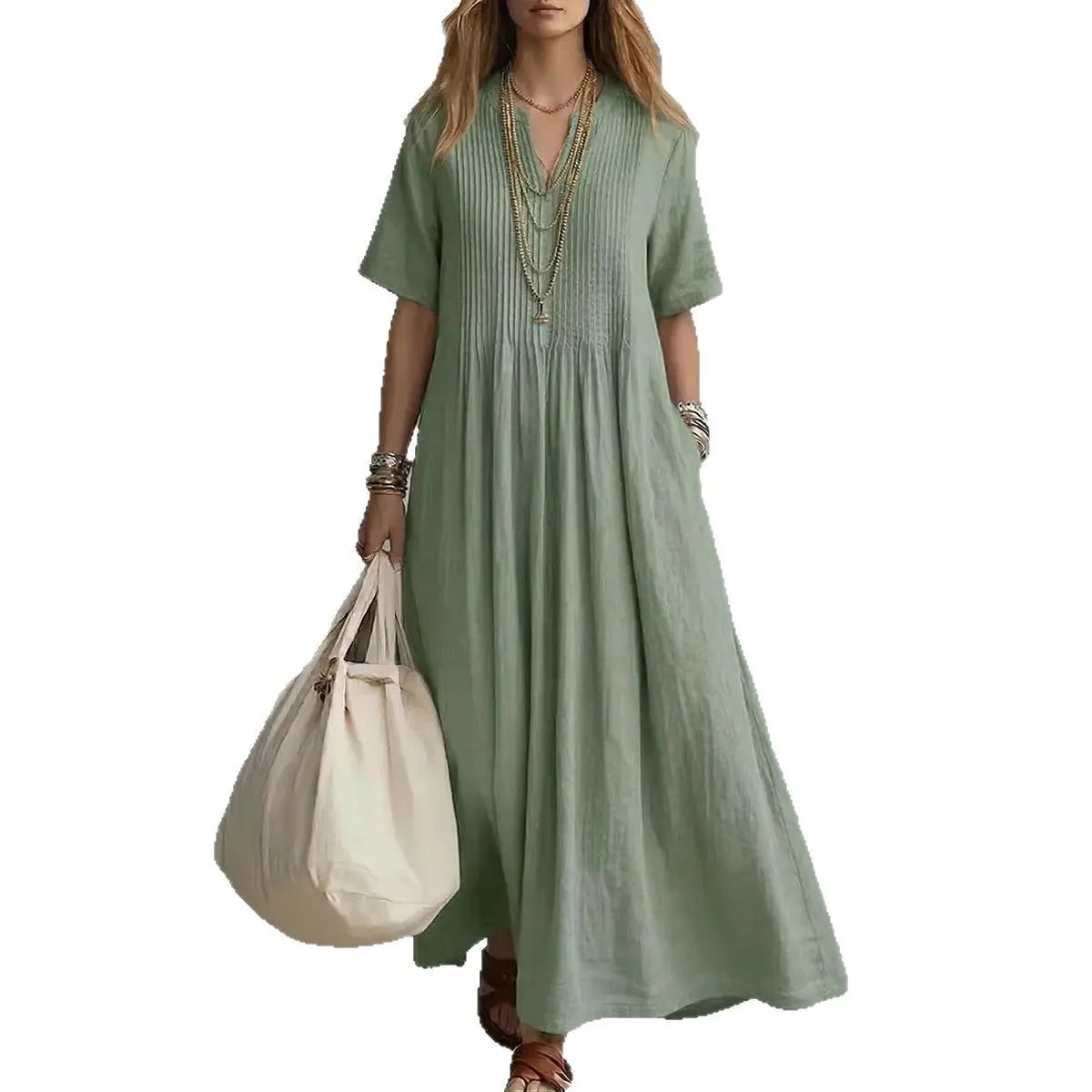 Women's V-Neck Pleated Cotton Linen Dress Drip Depot