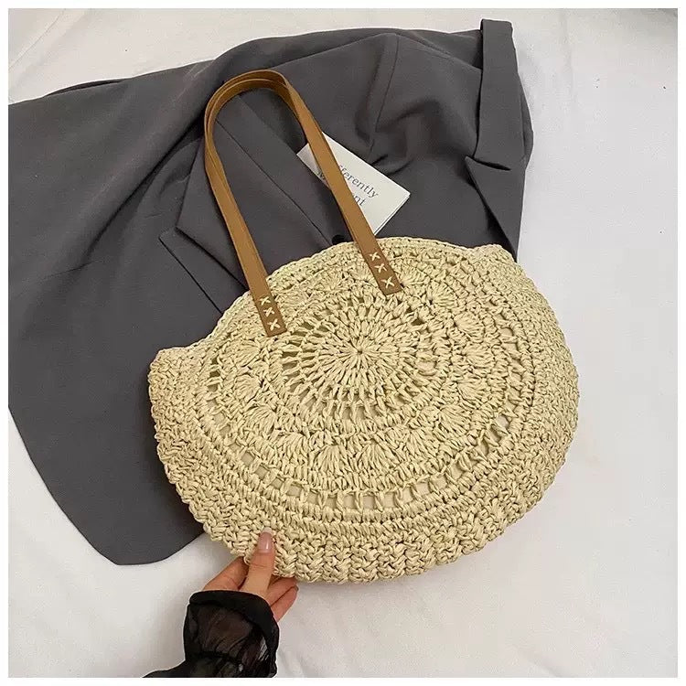 Round Woven Straw Tote Bag