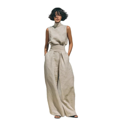 Cotton and Linen Sleeveless Long Pants Casual Set for Women