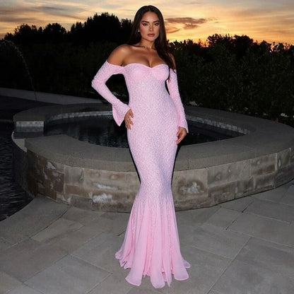 Off-Shoulder Lace Trim Mermaid Dress