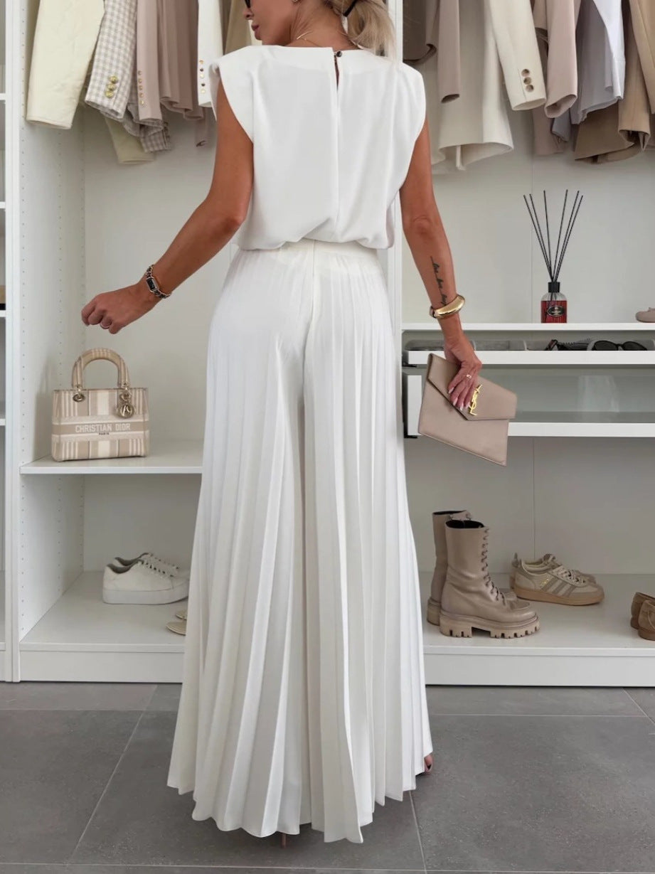 Round Neck Sleeveless Top and Wide Leg Pants Two-Piece Set