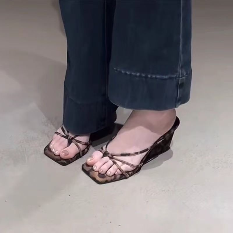 Leopard Print High Heel Wedge Sandals