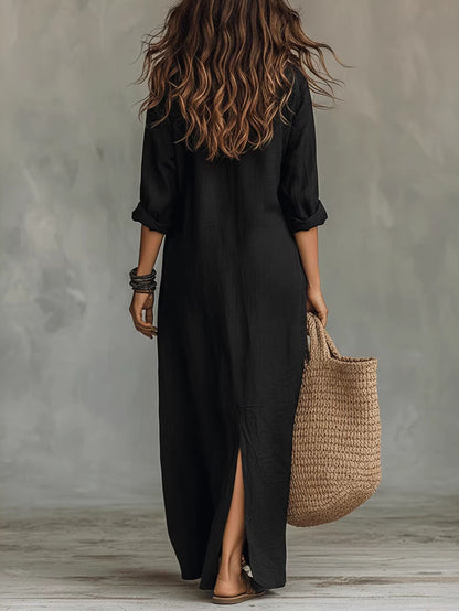 Womens Casual Solid Color V-Neck Slit Dress