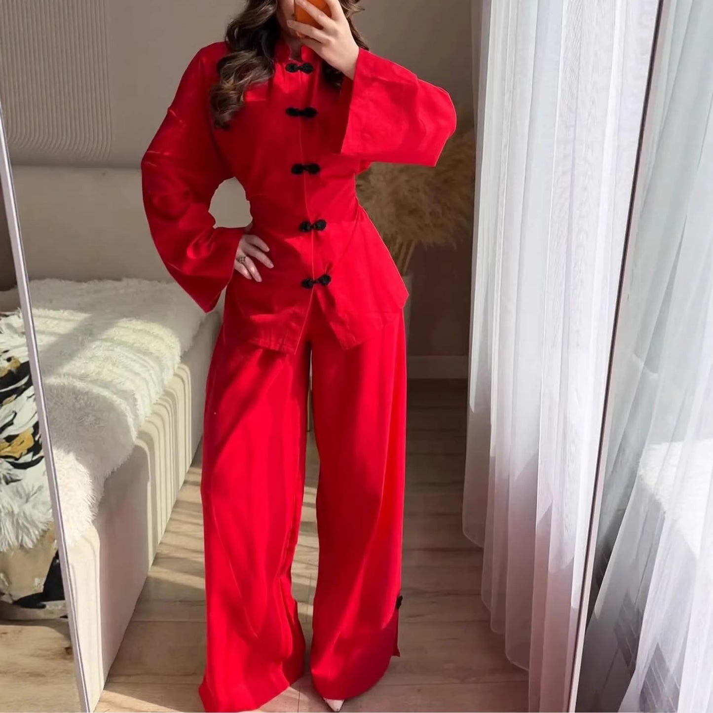 Retro Slim-Fit Long Sleeve Lapel Wide-Leg Pants Set