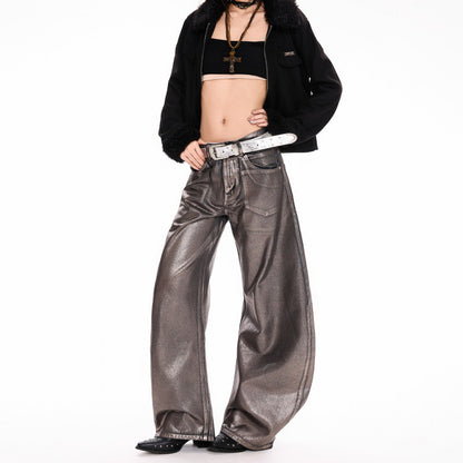 Silver Embellished Denim Wide Leg Pants