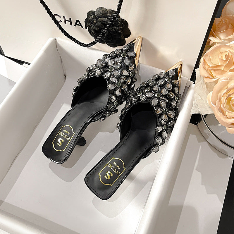 Beaded Pointed Toe High Heel Slippers