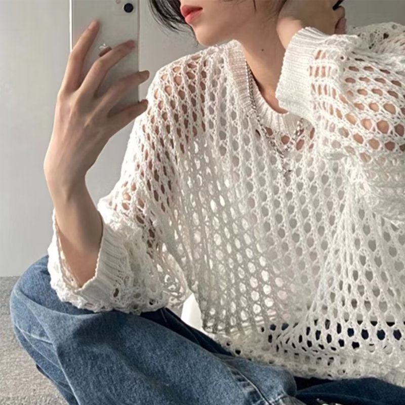 Hollow Loose Knitwear Mesh Round Neck Tops