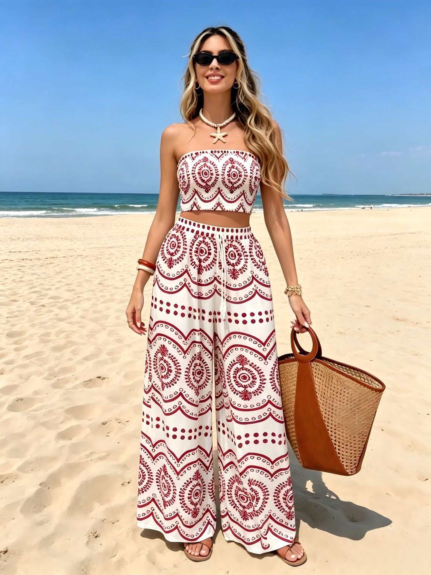 Print Tube Top and Wide Leg Pants Set