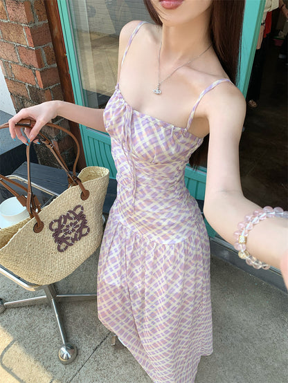 French Pink Plaid Tulle Suspender Dress