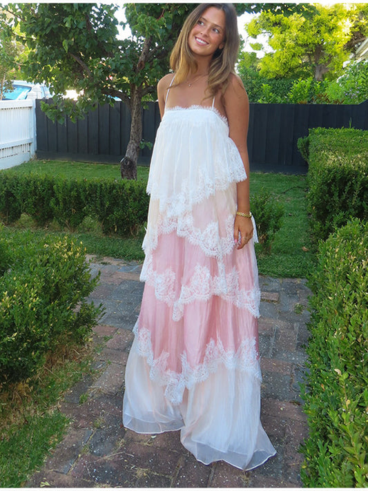 Lace Patchwork Backless Tiered Dress