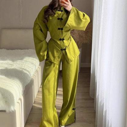 Retro Slim-Fit Long Sleeve Lapel Wide-Leg Pants Set