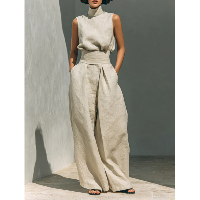 Cotton and Linen Sleeveless Long Pants Casual Set for Women