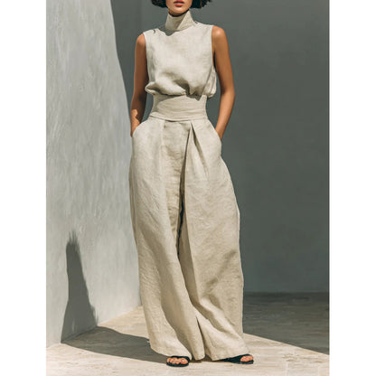 Cotton and Linen Sleeveless Long Pants Casual Set for Women