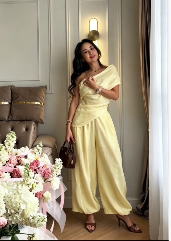 Womens Off-Shoulder Top and Lantern Pants Set Drip Depot