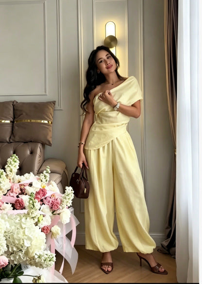 Womens Off-Shoulder Top and Lantern Pants Set Drip Depot