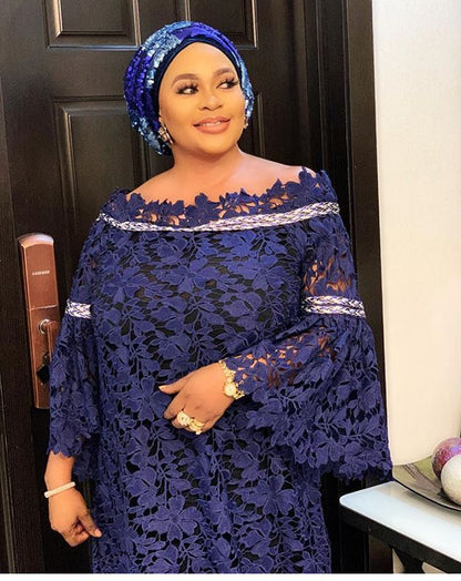 African Lace Loose Plus Size Gown Dress Trumpet Sleeve Fashion Dress with Turban