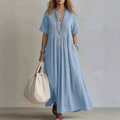 Women's V-Neck Pleated Cotton Linen Dress Drip Depot