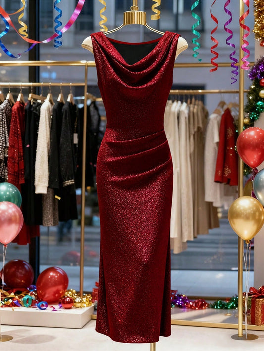 Silk Draped Collar Evening Gown