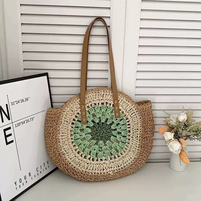 Round Woven Straw Tote Bag