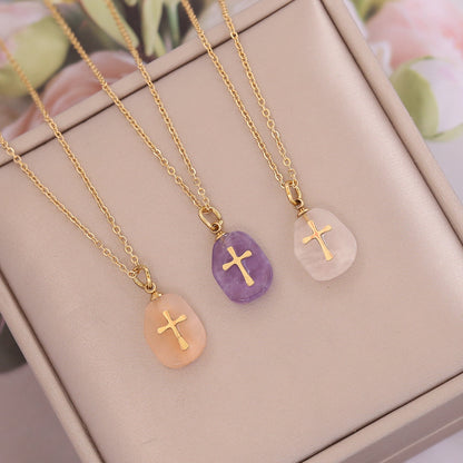 Natural Stone Cross Necklace Stainless Steel Jewelry