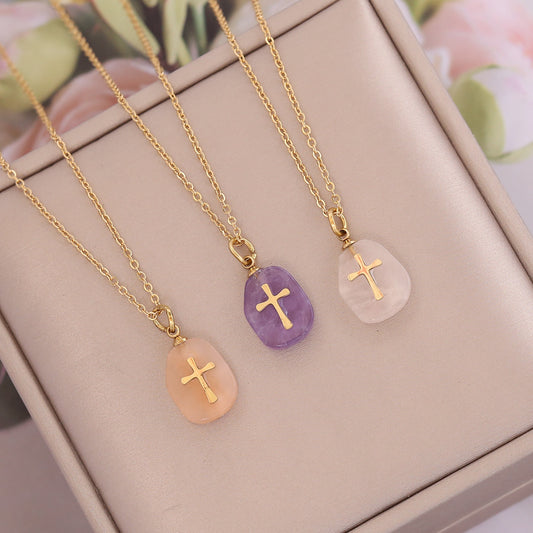 Natural Stone Cross Necklace Stainless Steel Jewelry