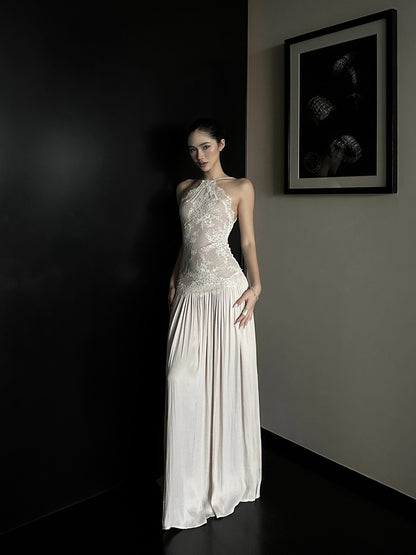 French-Style Lace Patchwork Strapless Long Dress